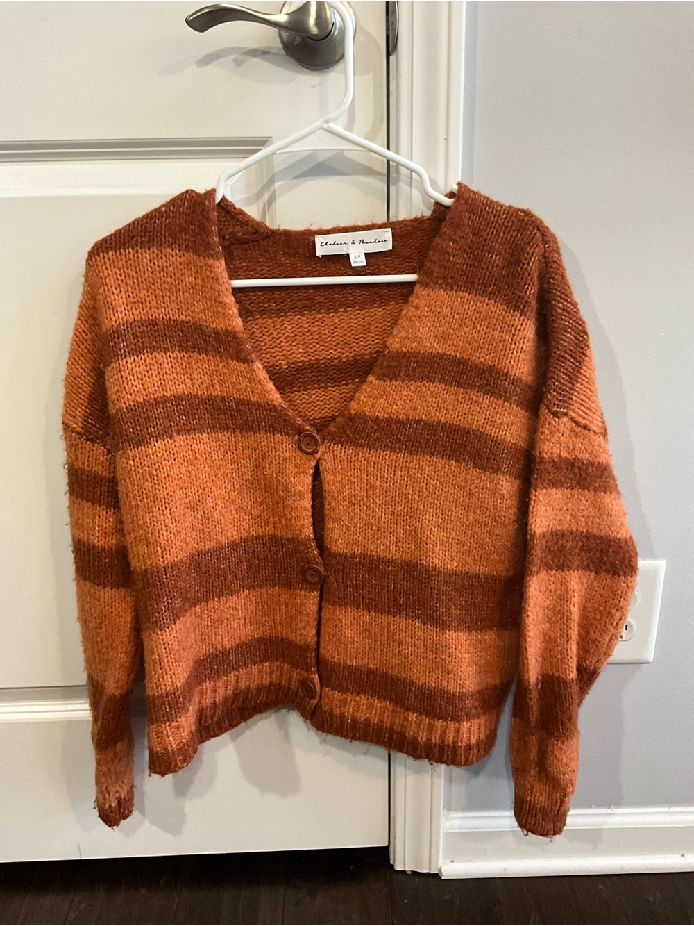 Chelsea & Theodore Rust and Burnt Orange Striped V-Neck Cardigan